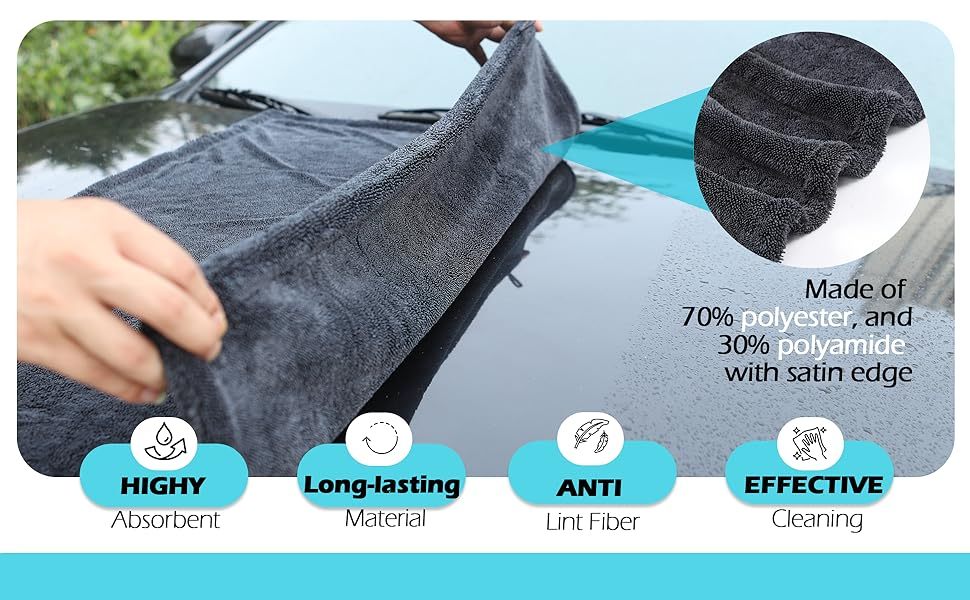 Extra Large Pack of 2 Double Twisted Loop Quick-Drying Towel | 24X36 Inches 1400GSM And 12X12 Inches | High Absorbency | Leaving No Streaks | Designed for Car Detailing
