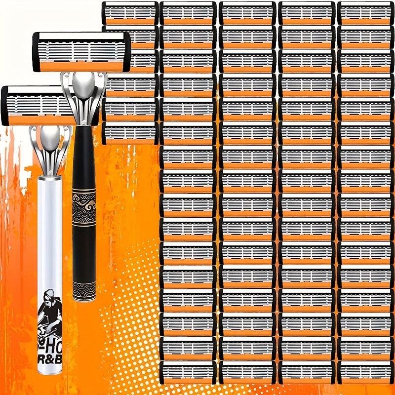 6-Layer Blade Men's Razor Set with Lubricating Strip 2 Handles & 36 or 72 Replacement Blades – Smooth Close Shave Contour-Fitting Ergonomic Manual Shaver for Men Daily Grooming