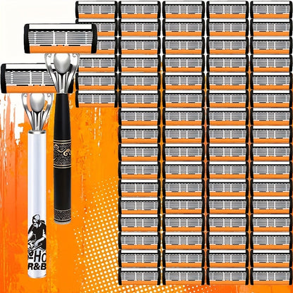 6-Layer Blade Men's Razor Set with Lubricating Strip 2 Handles & 36 or 72 Replacement Blades – Smooth Close Shave Contour-Fitting Ergonomic Manual Shaver for Men Daily Grooming