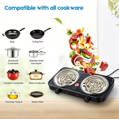 Portable Electric Stove Tabletop Double Burner – Adjustable Rotary Temperature Control, Compact Electric Charcoal Heater for Home, Office, Dorm, Camping, Milk & Coffee Heating, Black