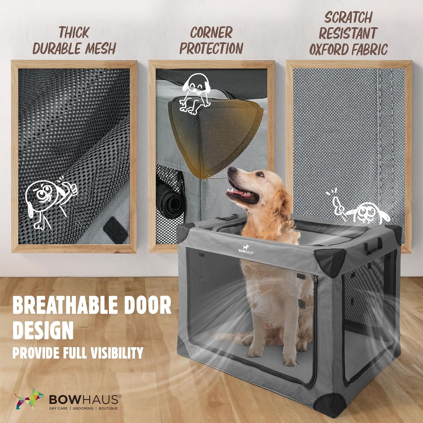 Soft Dog Crate Collapsible 4 Mesh Door – Portable Travel Dog Kennel, 360° Ventilation, 2 Ways to Fold, Indoor Outdoor Car Use, Waterproof Soft-Sided Dog Crate 36 & 42 Inch