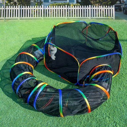 Outdoor Cat Enclosure with Tunnel - Rainbow Cat Playpen Tent with Circle Cat Tunnel for Cats Kittens & Small Animals, Portable Foldable Cat Outdoor Playground for Backyard Patio Garden