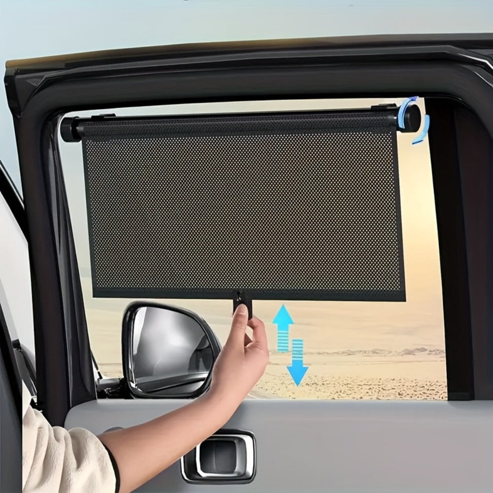 Car Window Curtains 2pcs Retractable PVC Side Window Shades One-Click Storage UV Block Anti-Glare Heat Shield Easy Install Suction Cup Hook Black Car Interior Accessory