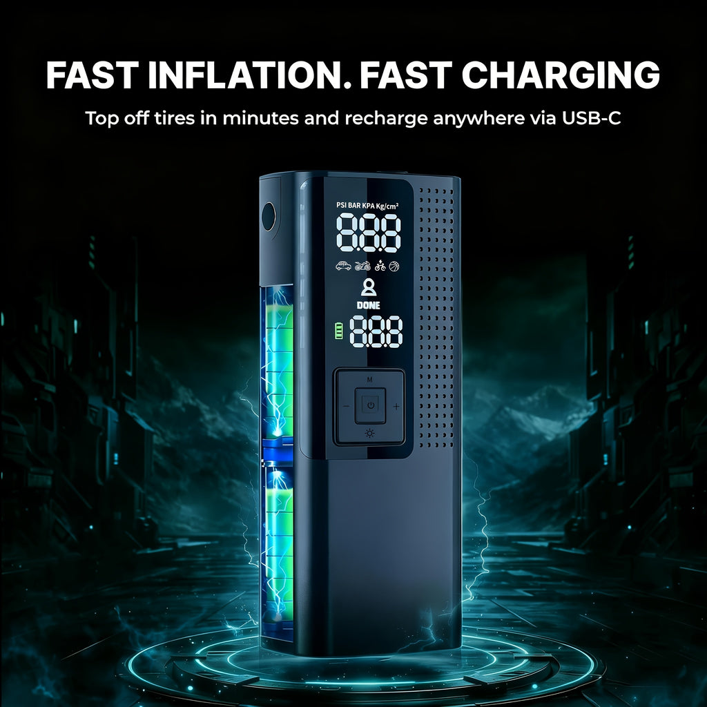 Portable Tire Inflator with Digital Pressure Gauge, Rechargeable Battery, LED Light, Cordless, Suitable for Cars, Motorcycles, Bicycles, And Balls