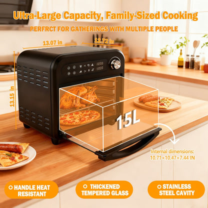 Air Fryer Toaster Oven Combo 15QT Extra Large, 360° Convection, LED Digital Display, Precise Temperature Control – Stainless Steel Interior, 5 Accessories, Healthy Low-Oil Cooking for Family Kitchen