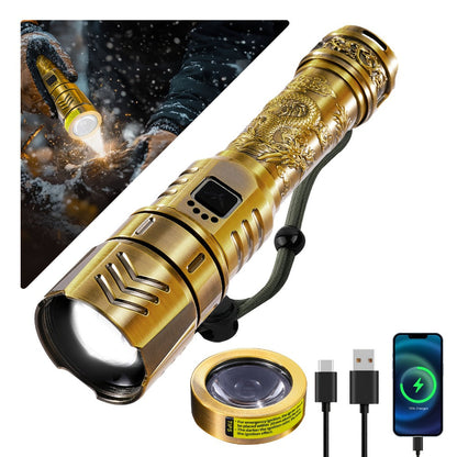 Tactical LED Flashlight 5000mAh Rechargeable Zoomable with Ignition Lens – 4 Modes High Brightness Golden Dragon Pattern Spotlight for Camping Outdoor Hiking Emergency Household Use