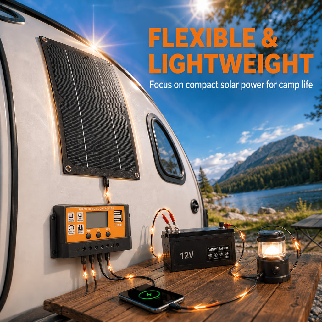 Lightweight Portable Solar Panel, Fast-charging High-power Kit, Monocrystalline, with 100A Controller, Cord & Clamps, Stable In Low Temp, for RV, Boat, Car, Camera, 4-season Camping, Hiking, Emergency Off-grid Power, No Battery