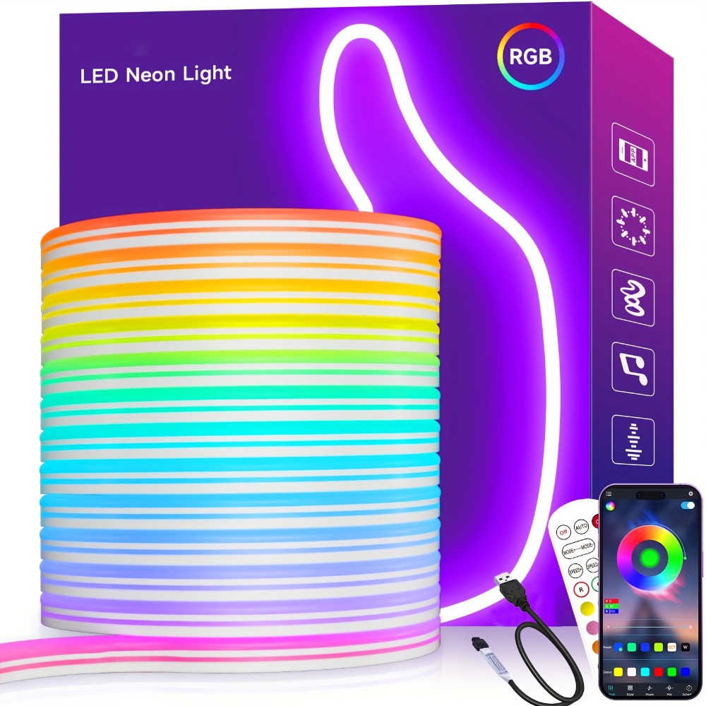 LED Neon Rope Light IP65 Waterproof – RGB Color Changing Light Strip, App & Remote Control, Music Sync, Silicone Neon Light for Bedroom, Gaming Room, Indoor & Outdoor Decoration (3.2/9.8/16.4 Ft)