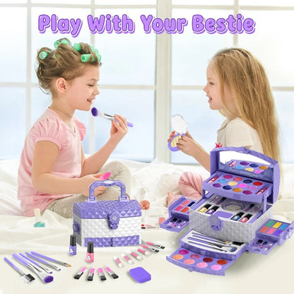 Princess Makeup Set for Girls Ages 3-12 – 58 PCS Non-Toxic Washable Pretend Play Makeup Kit with Brushes & Case | Skin-Friendly Beauty Toy | Best Birthday Christmas Gift for Little Girls
