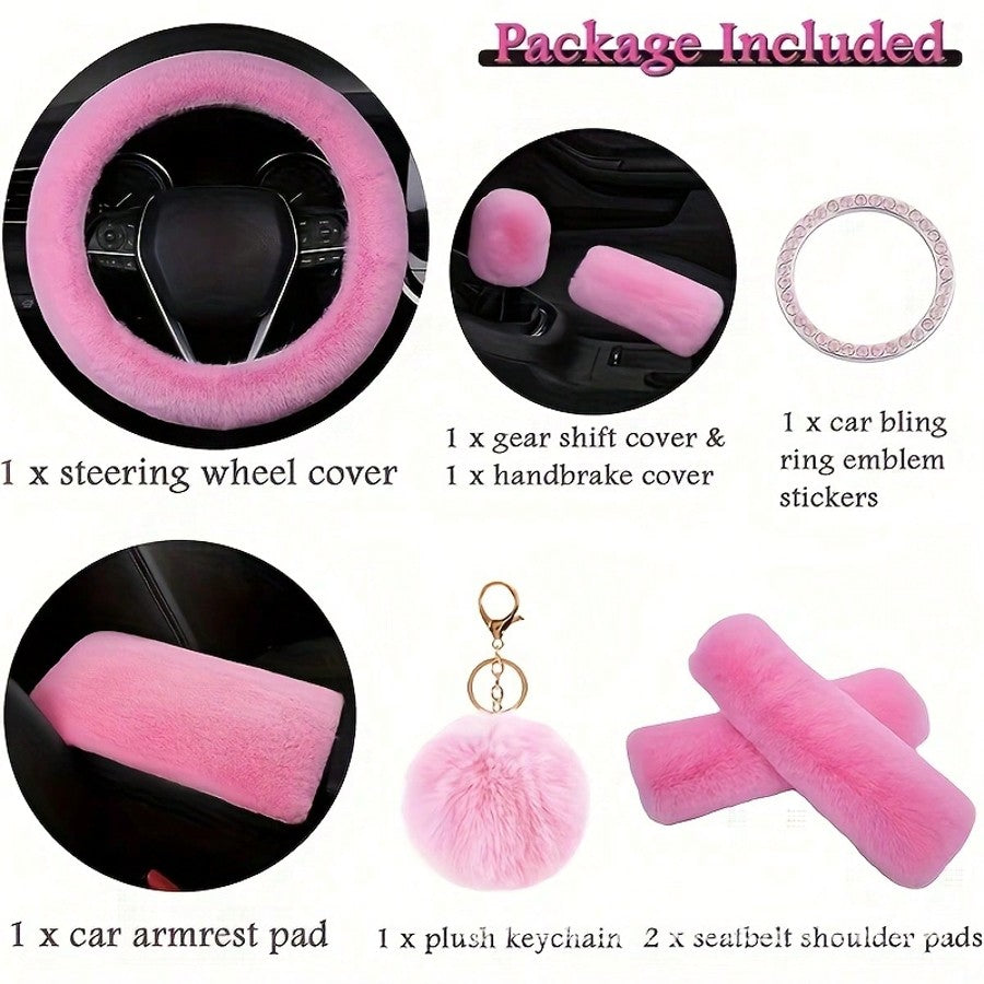 8pcs Set Combination Pink Goddess Plush Car Steering Wheel Cover Rex Rabbit Fur Fluffy Steering Wheel Cover, Purple Car Accesaories