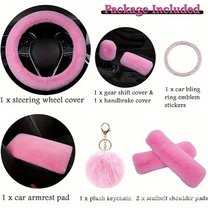 8pcs Set Combination Pink Goddess Plush Car Steering Wheel Cover Rex Rabbit Fur Fluffy Steering Wheel Cover, Purple Car Accesaories