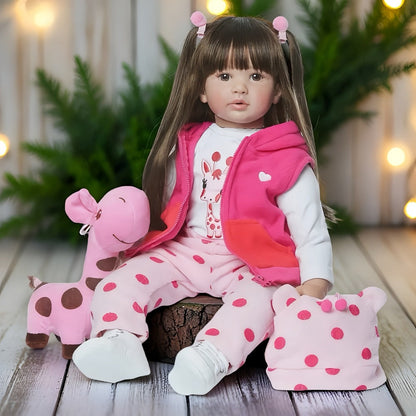 Princess Reborn Baby Doll 24 Inch Long Dark Hair – 60cm Handmade Newborn Girl Soft Vinyl & Cloth Body, Rosy Cheeks, Open Eyes, Birth Certificate & Outfit Included, Lifelike Gift for Kids & Collectors