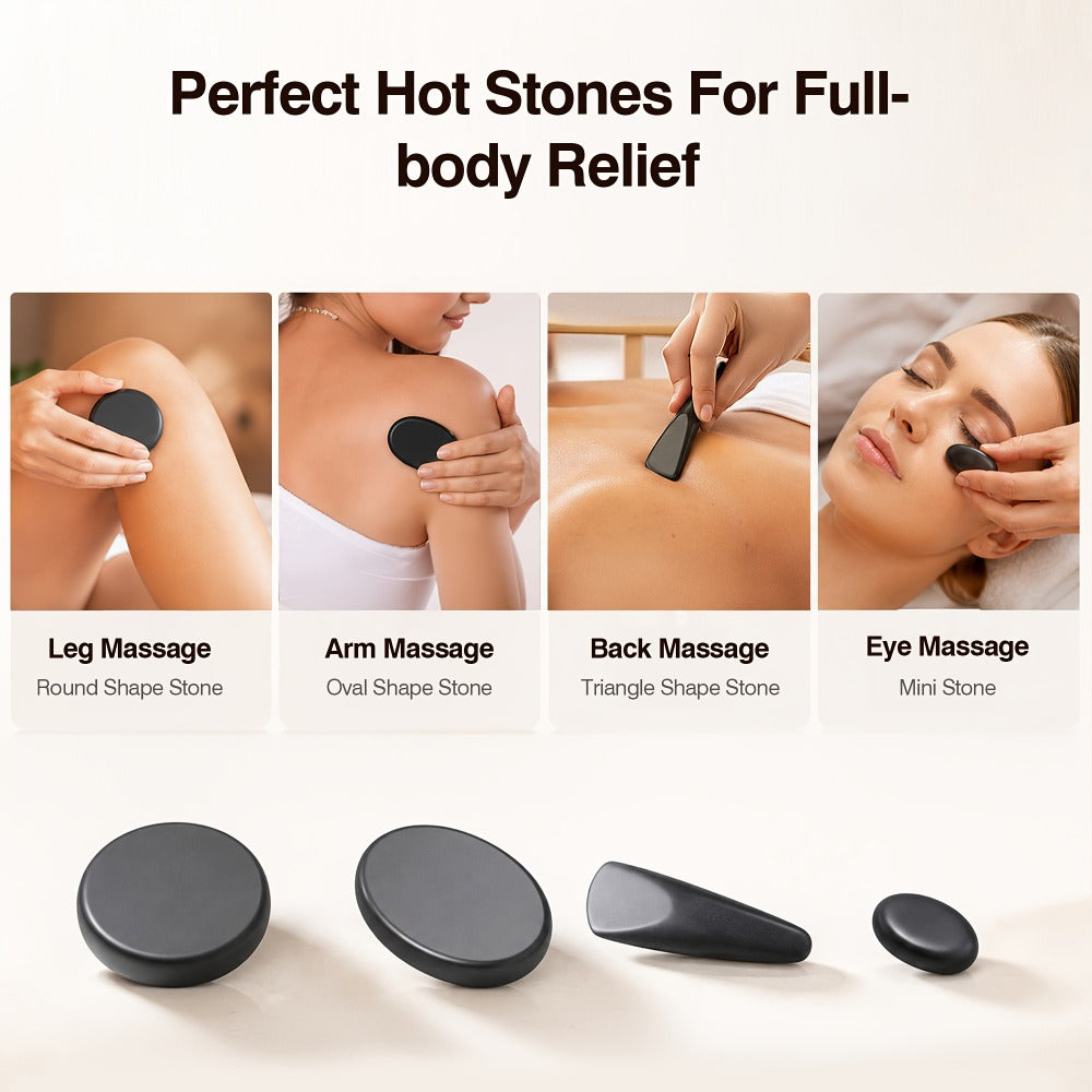 18-Piece Basalt Hot Stone Massage Set with Warmer — 4 Sizes for Full Body Deep Relaxation, Professional Therapist & Home Spa Stone Therapy Kit, Temperature Control Heater