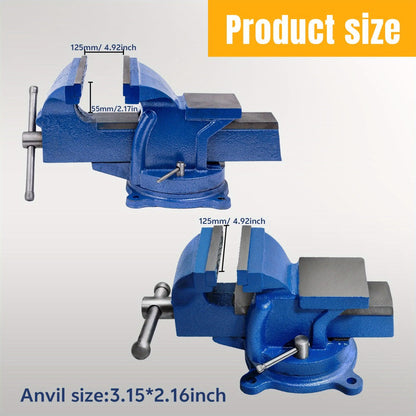 Bench Vise 5-Inch 360-Degree Swivel Base – Heavy-Duty Cast Iron Tabletop Vise with Pipe Jaws & Anvil, Locking Mechanics Clamp for Woodworking, Metalworking, Soldering & DIY