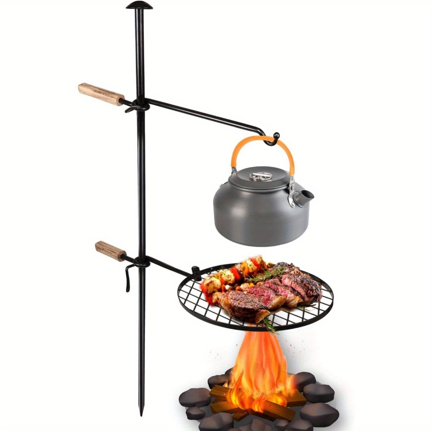 Campfire Grill Grate with Hanging Pole – Height Adjustable, 360° Rotation, 48" Thick Steel Pole, Swivel Grate Ring for Kettle, Dutch Oven & Pan – Portable Open Fire Cooking Grill for Camping & Outdoor