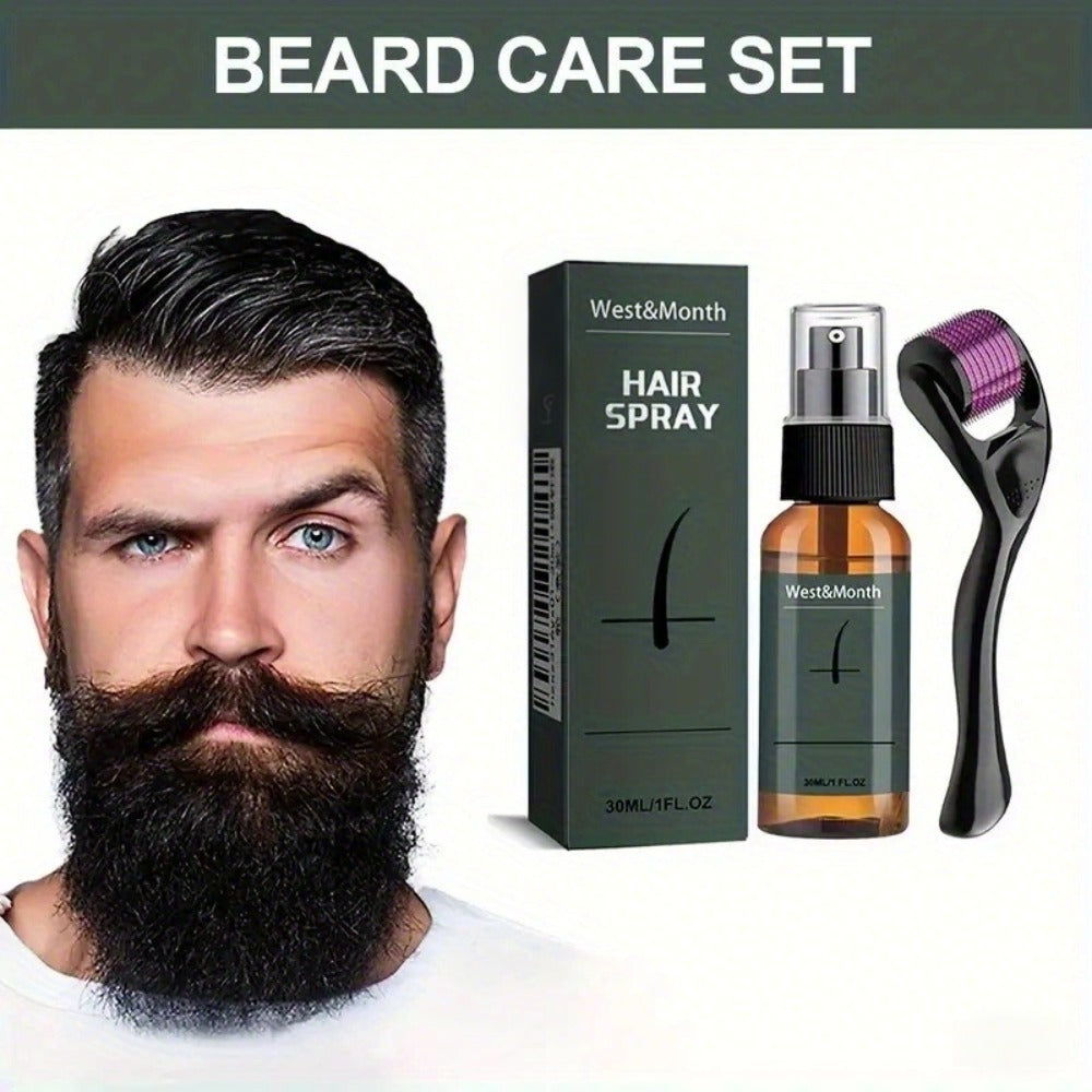 Beard Growth Spray Kit for Men 30ml Ginseng Ginger Extract Beard Moisturizer with 0.25mm Microneedle Derma Roller for Fuller Thicker Healthier Beard Care Grooming Gift for Dad Husband