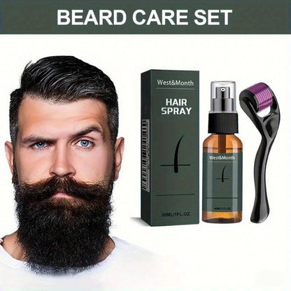 Beard Growth Spray Kit for Men 30ml Ginseng Ginger Extract Beard Moisturizer with 0.25mm Microneedle Derma Roller for Fuller Thicker Healthier Beard Care Grooming Gift for Dad Husband