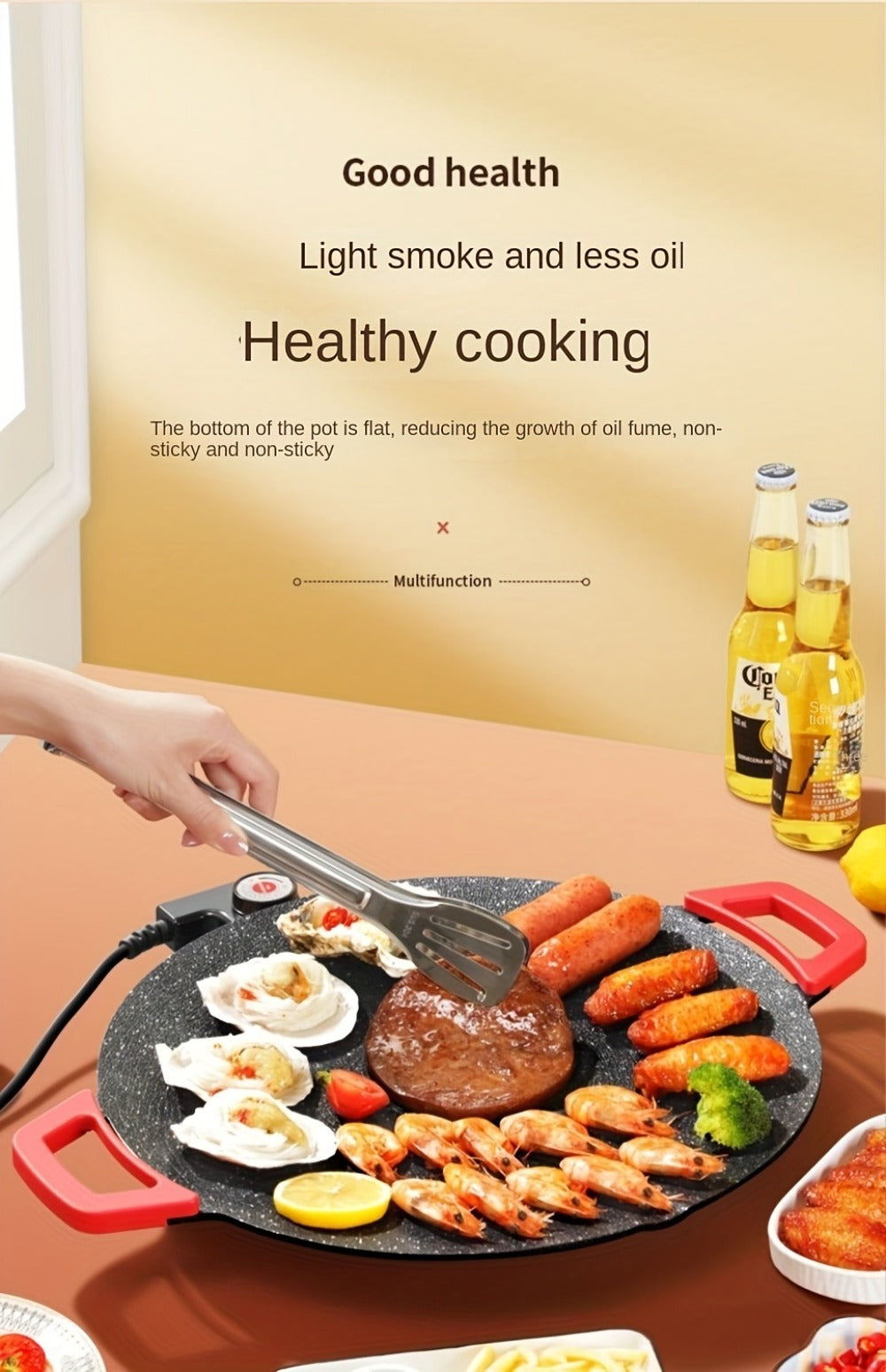 Korean BBQ Grill Pan – Round Non-Stick Multi-Functional Electric Grill Pan with Red Handle & Adjustable Settings, Home & Outdoor BBQ Pot for Family Gatherings, Available in 14.17" & 15.75"