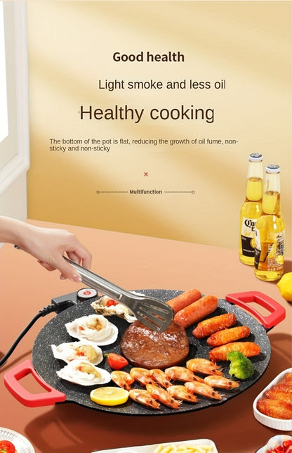 Korean BBQ Grill Pan – Round Non-Stick Multi-Functional Electric Grill Pan with Red Handle & Adjustable Settings, Home & Outdoor BBQ Pot for Family Gatherings, Available in 14.17" & 15.75"
