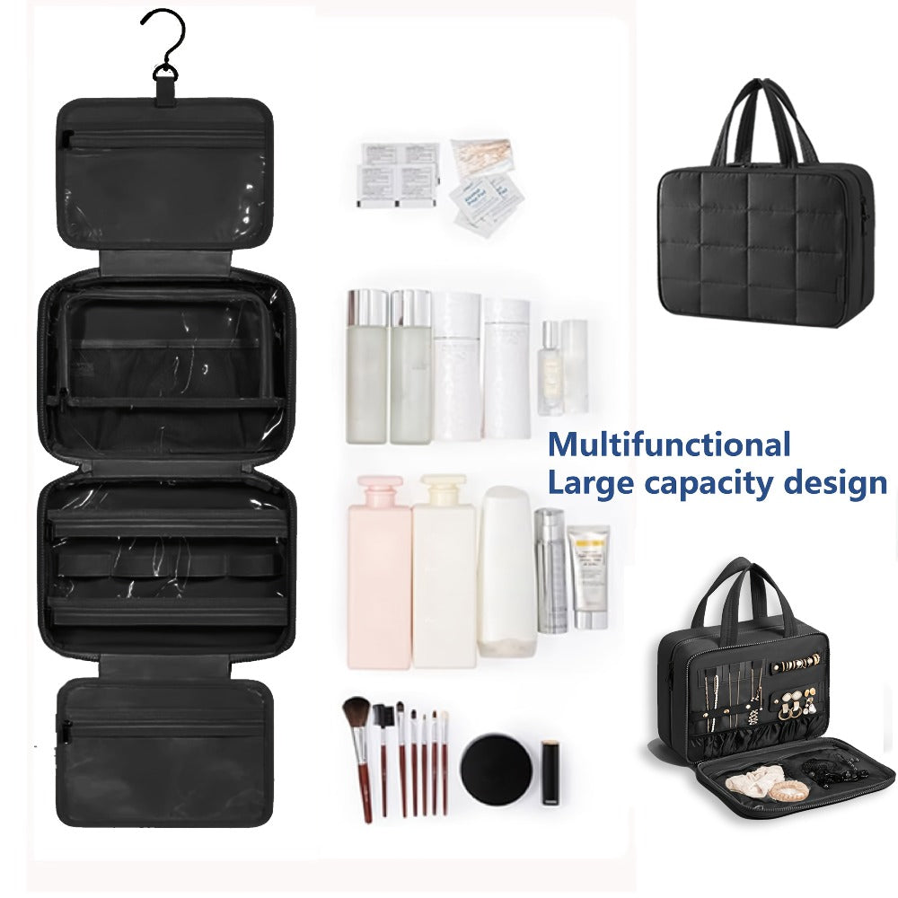 Hanging Travel Toiletry Bag Large Capacity for Full-Size Products Waterproof Cosmetic Organizer with Hook — Bathroom Makeup Travel Bag for Women Pink Beige Black