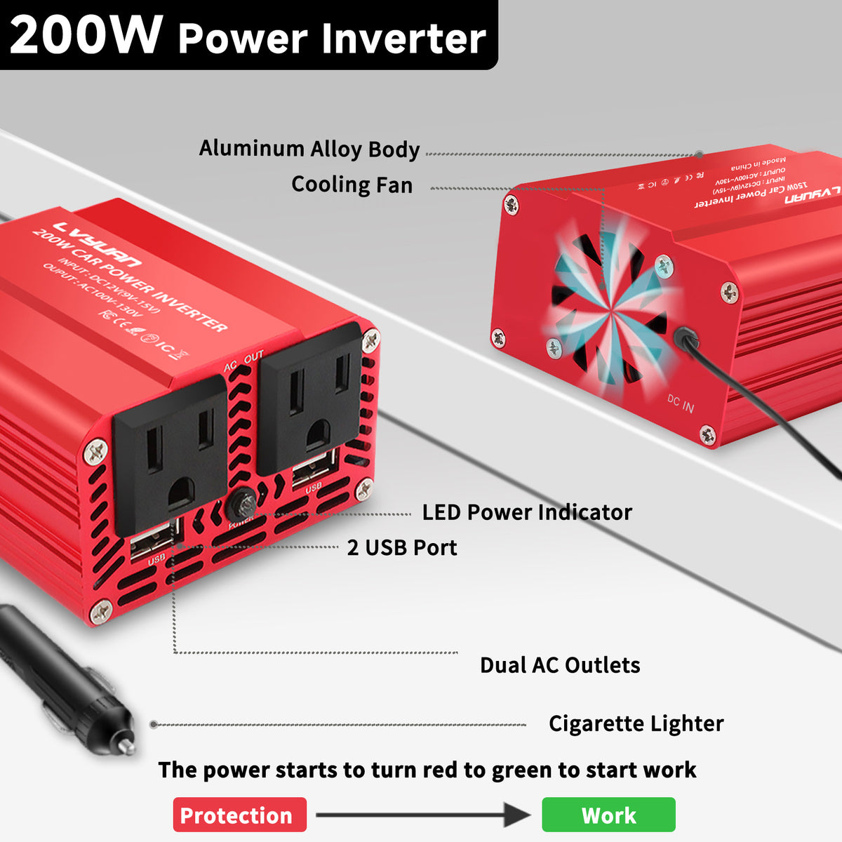 LVYUAN 200W Power Inverter for Vehicles DC 12V to 110V AC Car Plug Adapter Outlet Converter with 2 USB Fast Charging Ports and 2 AC Outlets Car Charger Adapter