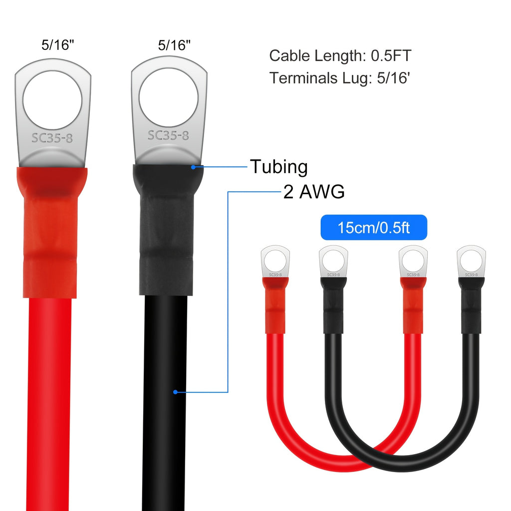 2pcs Battery Cable, 15cm/6inch 2AWG Gauge Copper Battery Power Inverter Leads, with 5/16" Lugs Ring Terminals, Ideal for Automotive, Truck, RV, Yacht, Solar, Emergency Backup, Farm, Ranch