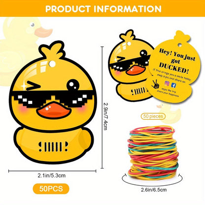 Duck Duck Ducked Party Game Cards 50 Pack – Printed Yellow Duck Tags with Round Hole & Rubber Bands, Viral Outdoor Group Activity for Kids, Teens & Adults, Fun Icebreaker for Birthday Parties, School Events & Team Building