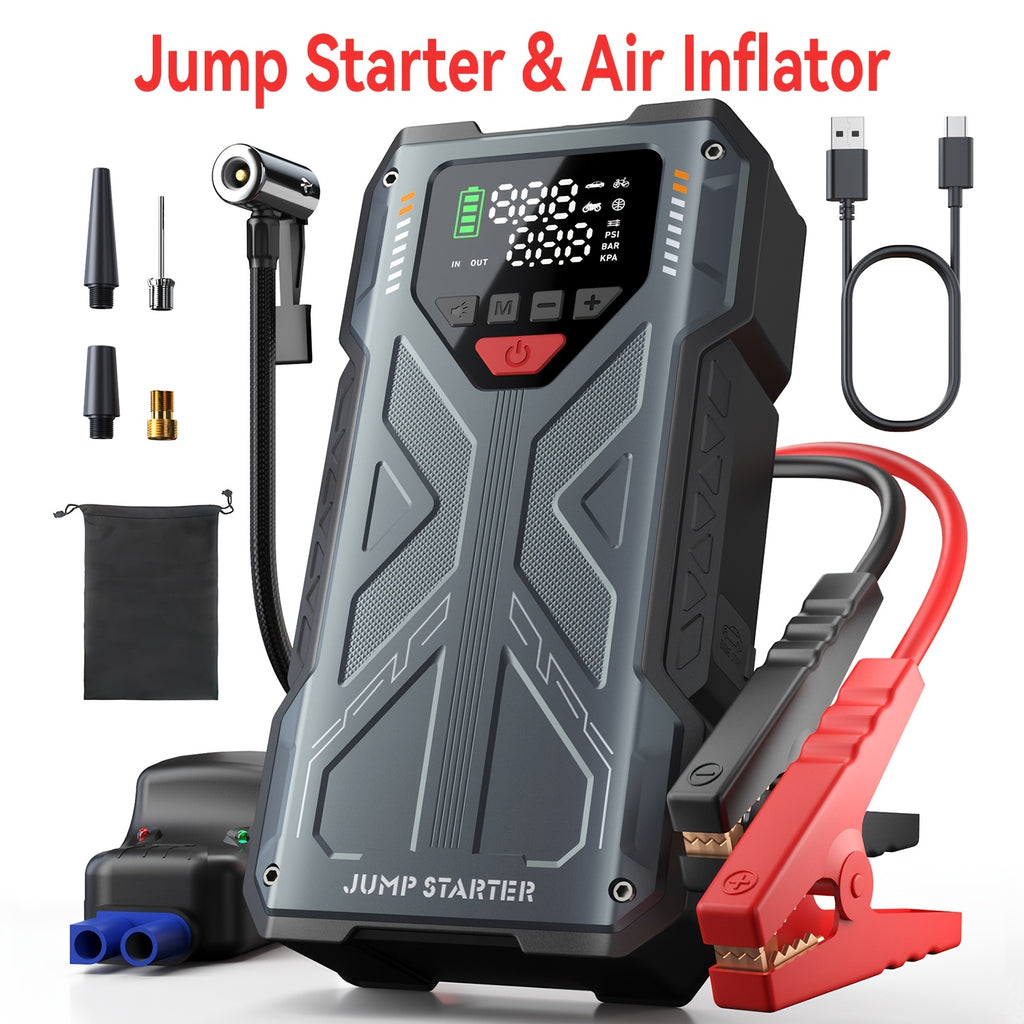 7-in-1 Portable Jump Starter With Air Compressor150PSI Digital Air Compressor, 12V Battery Booster For 2.38gal Gas/1.98gal Diesel Engines, Portable Car Jump Starter With Air Compressor, Fast Charge USB Ports & LED Emergency Light, Christmas Gifts