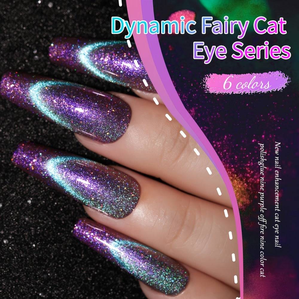 Cat Eye Gel Polish Set 6 Colors Holographic Magnetic — Dynamic Elf Reflective Soak Off UV LED Nail Gel 0.51oz Each | Multidimensional Light-Shifting Sparkle for Salon & Home Nail Art | Long-Lasting Chip-Resistant