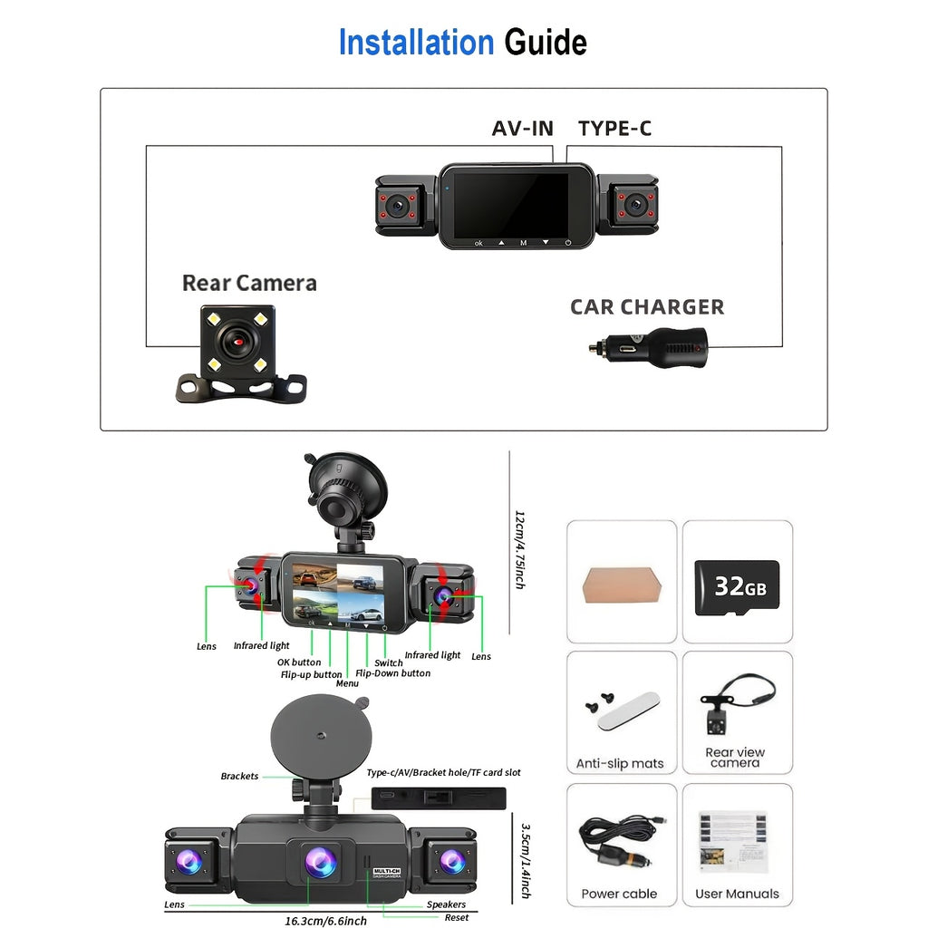 FOXGOD Car Dashboard Camera 360° Panoramic 3/4 Lens Channel 1080P HD Ultimate Safety Dash Cam Set, 1080P Full Coverage Front, Rear, Left, And Right, Quad-Split Screen Display, HD Night Vision, WDR, G-Sensor, Loop Recording - Car Accessories/Car Dash