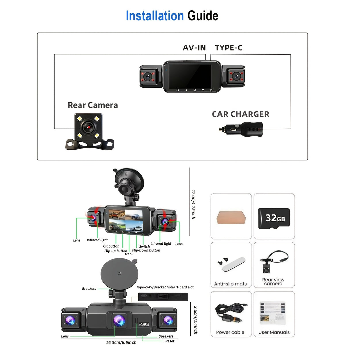 FOXGOD Car Dashboard Camera 360° Panoramic 3/4 Lens Channel 1080P HD Ultimate Safety Dash Cam Set, 1080P Full Coverage Front, Rear, Left, And Right, Quad-Split Screen Display, HD Night Vision, WDR, G-Sensor, Loop Recording - Car Accessories/Car Dash