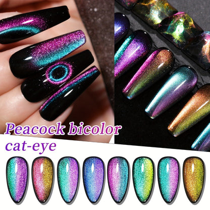 Magnetic Cat Eye Gel Nail Polish Set 8 Colors – Holographic Reflective Peacock Double-Light Effect, LED/UV Soak-Off Gel 0.51oz with Magnet Tool, Salon & Home Nail Art Gift Set for Women