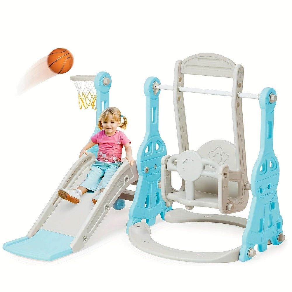 4-in-1 Toddler Slide and Swing Set with Climber Basketball Hoop Outdoor Indoor Backyard Playground Playset for Kids Ages 1-6 Yellow