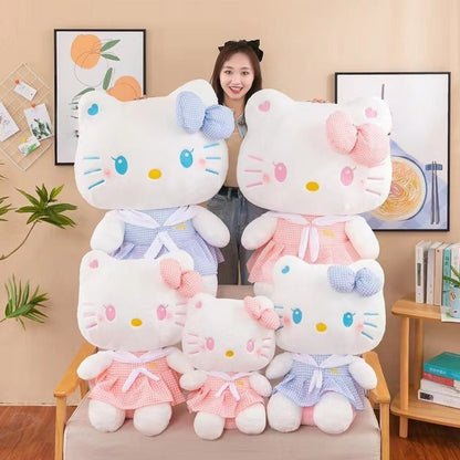 Hello Kitty Dress Up Plush 13.78 Inch — Sanrio Licensed KT Cat Stuffed Doll in Plaid Outfit, Oversized Kawaii Cuddle Pillow & Room Decor Gift for Girls Teens Pink Blue