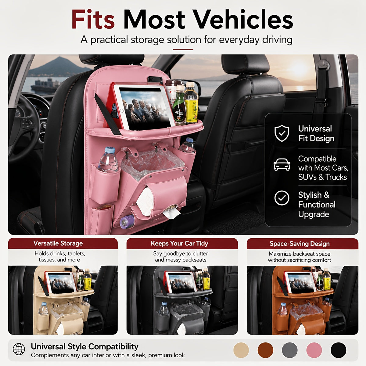 QIANKUNBAG Car Back Seat Organizer with Foldable Tray Interior Tissue Holder, Footrest Protector, And Multi-Pocket Hanging Storage Bag - Durable PU Fabric for Shopping & Essentials Car Seat Organizatio(Pink Black Grey Brown Beige)