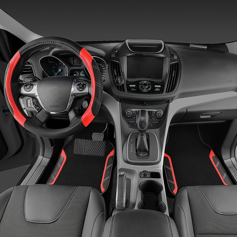Steering Wheel Cover & Waterproof Car Floor Mats Combo Set – Microfiber Anti-Slip Universal Fit 14.5-15 Inch for 95% Sedan SUV Cars – Sporty Comfortable Design (Black & Blue / Beige / Red / Pink / Gray)