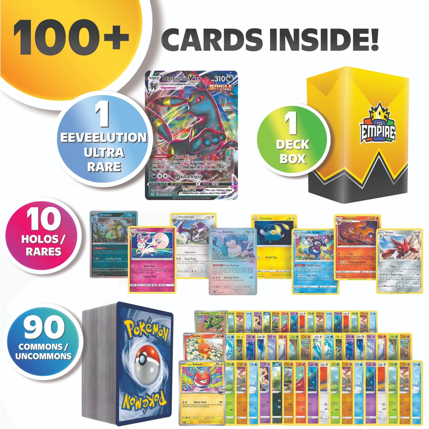 Eeveelution Pokémon Cards Bundle 100+ – 1 Guaranteed Ultra Rare Eeveelution (Vaporeon/Umbreon/Sylveon EX/GX/VMAX) + 10 Holos + TCG Storage Box | Prismatic Evolutions Gift for Collectors & Kids