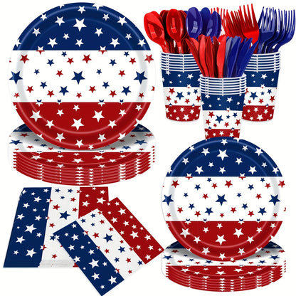 4th of July Party Supplies 140 Pcs – Patriotic Disposable Paper Plates & Napkins for Independence Day BBQ, Memorial Day & Red White Blue Party Decorations Serves 20 Guests