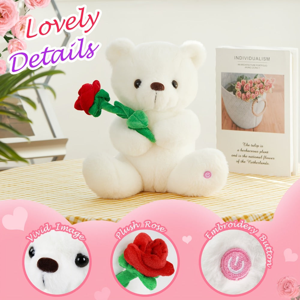 Rose Bear Plush with LED Light Glowing White Bear with Flowers Romantic Stuffed Animal Gift for Her Women Girls Girlfriend Mom Valentine's Day Mother's Day Birthday Anniversary