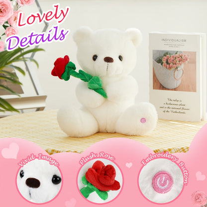 Rose Bear Plush with LED Light Glowing White Bear with Flowers Romantic Stuffed Animal Gift for Her Women Girls Girlfriend Mom Valentine's Day Mother's Day Birthday Anniversary