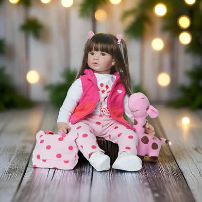 Princess Reborn Baby Doll 24 Inch Long Dark Hair – 60cm Handmade Newborn Girl Soft Vinyl & Cloth Body, Rosy Cheeks, Open Eyes, Birth Certificate & Outfit Included, Lifelike Gift for Kids & Collectors