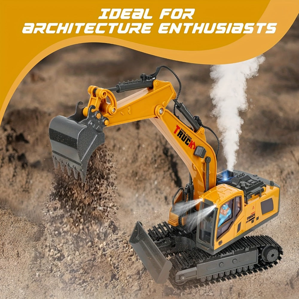 RC Excavator 120-Minute Battery Life Metal Shovel LED Lights – 13CH or 17CH Remote Control Construction Truck 1200mAh Rechargeable Digging Toy for Boys Ages 8+ Birthday Christmas Gift Yellow Gray