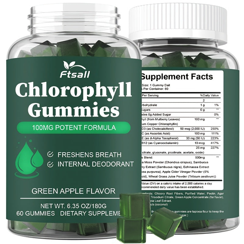 Chlorophyll Gummies 60 Count with Vitamin C D3 E B12 Zinc Irish Sea Moss Elderberry Echinacea & Apple Cider Vinegar — Fresh Breath Body Deodorising Supplement for Women & Men