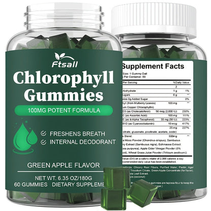 Chlorophyll Gummies 60 Count with Vitamin C D3 E B12 Zinc Irish Sea Moss Elderberry Echinacea & Apple Cider Vinegar — Fresh Breath Body Deodorising Supplement for Women & Men
