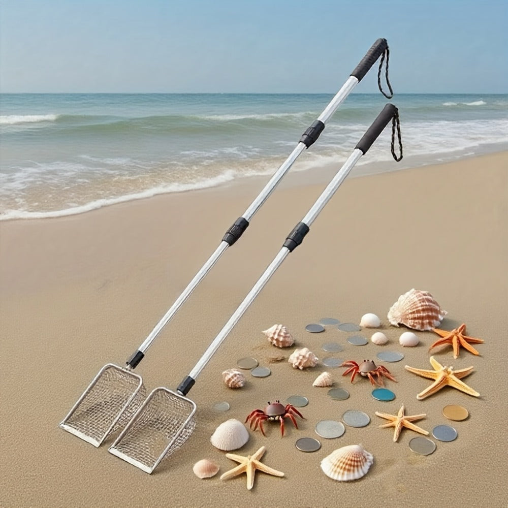 Beach Sand Sifter Scoop Telescopic Handle – Stainless Steel Retractable 3-Section Scoop for Treasure Hunting Shell Collecting Beach Combing Cat Litter Cleaning, 1pc or 2pcs
