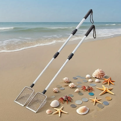 Beach Sand Sifter Scoop Telescopic Handle – Stainless Steel Retractable 3-Section Scoop for Treasure Hunting Shell Collecting Beach Combing Cat Litter Cleaning, 1pc or 2pcs