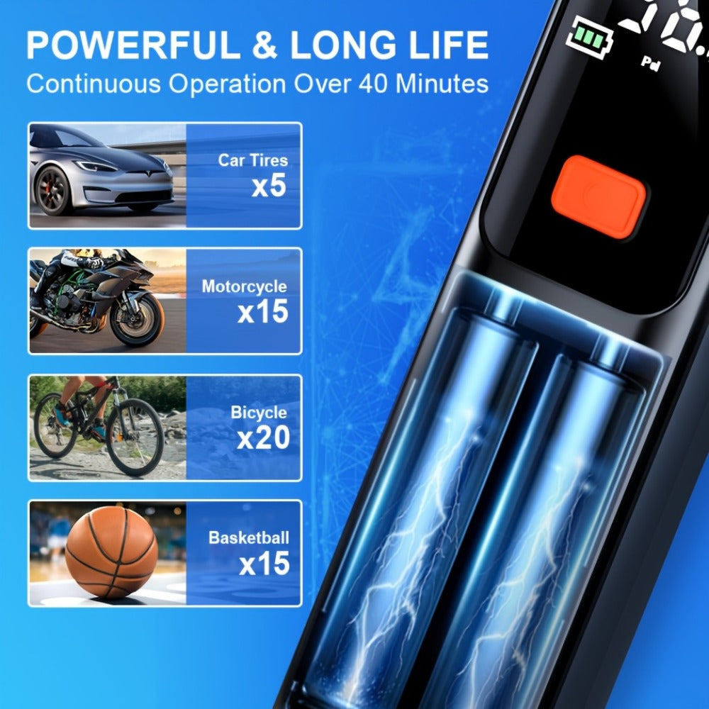 Portable Tire Inflator Wireless Air Compressor with Digital LED Display Auto Pressure Detection USB-C Rechargeable for Car Bicycle Motorcycle Basketball