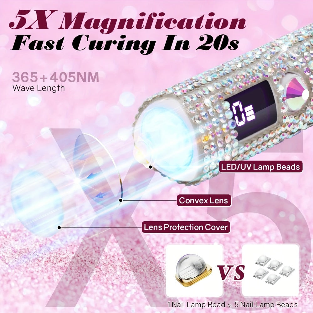 Rechargeable Single Finger LED Nail Lamp UV Gel Curing Light 365nm 405nm Dual Wavelength Rhinestone Flashlight Design 40-Min Runtime Digital Display Portable Travel DIY Manicure Tool
