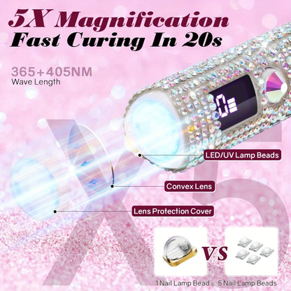 Rechargeable Single Finger LED Nail Lamp UV Gel Curing Light 365nm 405nm Dual Wavelength Rhinestone Flashlight Design 40-Min Runtime Digital Display Portable Travel DIY Manicure Tool