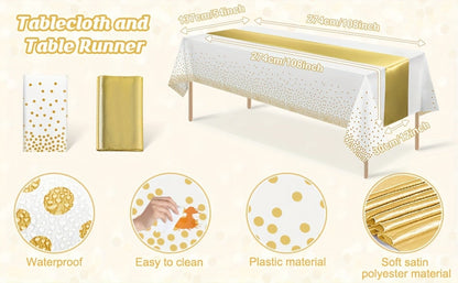 Disposable Tablecloth & Table Runner Set 10 Pack White Gold – Plastic Party Table Covers for Wedding Birthday Graduation Anniversary Baby Shower Bridal Shower Elegant Bulk Party Decorations